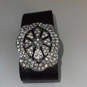 Plunder brown leather cuff  bracelet with rhinestone brooch.